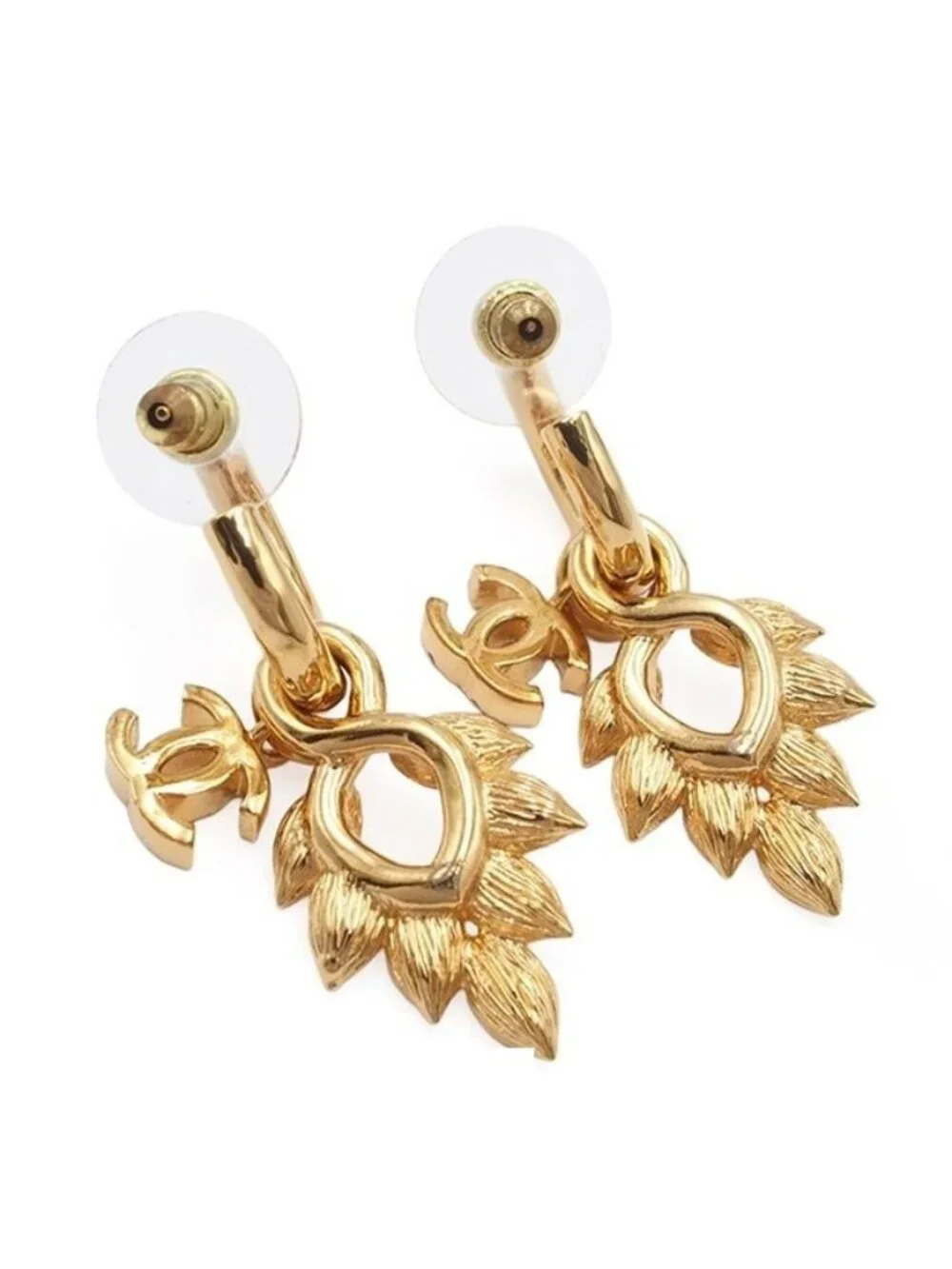 Chanel Earrings Drop Gold Metal Rhinestone CC Logo Flower Motif 22K
